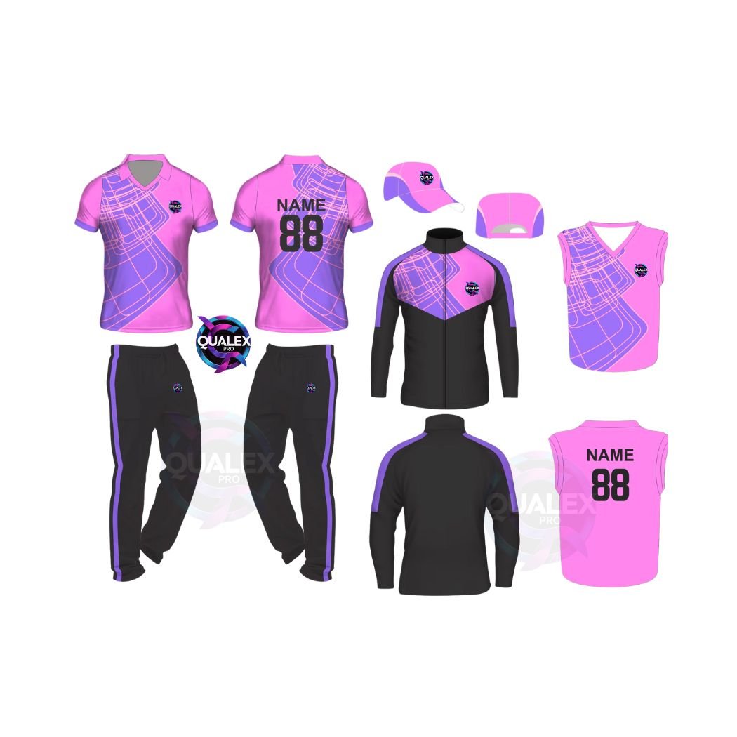 Qualex Pro Cricket complete Uniform Parpal Modern Sublimated Cricket Jerseys with Team Logo