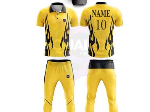 “Men’s customized sublimation cricket kit – half sleeve shirt and pant set. Perfect team uniform for adult cricket players. ”