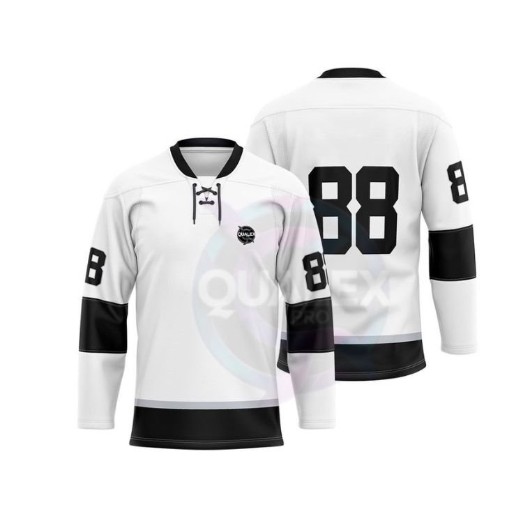 Qualex Pro Custom Football Uniforms White black 1 "Custom Oversized Ice Hockey Jersey – Youth & Men’s Sublimated Polyester Mesh, Wholesale Available"