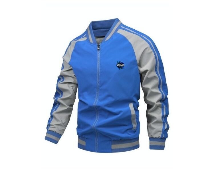 Home "Fashionable Blue & Grey Satin Baseball Jacket – Embroidered Back, Full-Zip Varsity Bomber for Spring & Autumn"