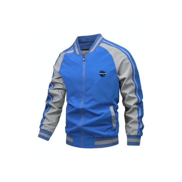 Qualex Pro Fashionable Blue Grey Satin Baseball Jacket Embroidered Back Full Zip Varsity Bomber Spring Autum "Fashionable Blue & Grey Satin Baseball Jacket – Embroidered Back, Full-Zip Varsity Bomber for Spring & Autumn"